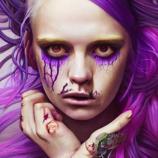 Image similar to detailed photo portrait of a furious teen girl with thin, hair-like purple tentacles on her head and bright purple eyes, 8k,by tristan eaton, Stanley Artgermm,Tom Bagshaw,Greg Rutkowski,Carne Griffiths,trending on DeviantArt, face enhance,hyper detailed ,full of colour, dramatic lightning