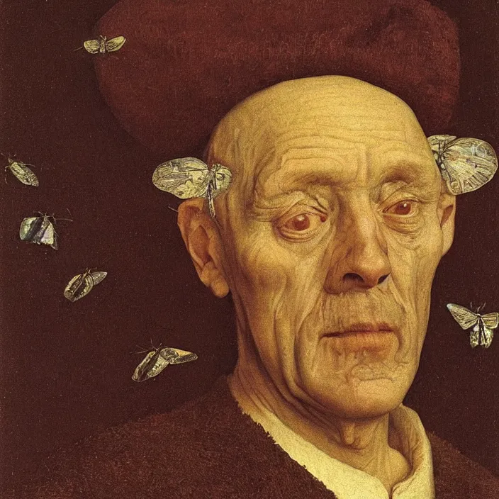 Prompt: close up portrait of a dying old man with moth. night with stars. jan van eyck