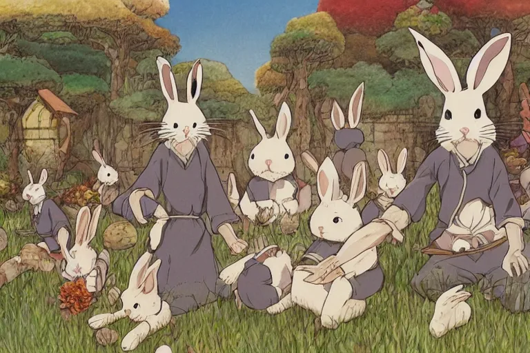 Image similar to beautiful art illustration of a group of rabbits by studio ghibli, anime, highly detailed