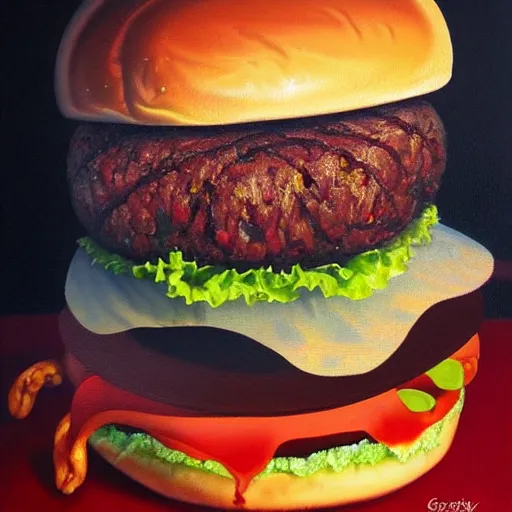 Image similar to oil painting of a burger made by greg rutkowsky, creepy, horror, dramatic light, nightmare,