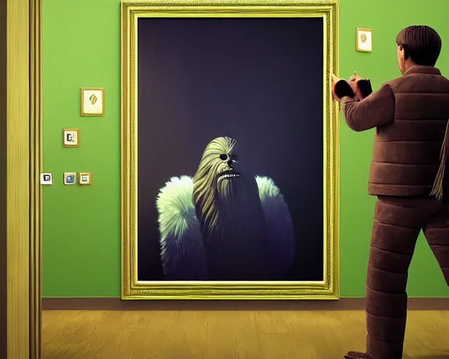 Image similar to wookiee at home trading crypto. the charts are at all time highs, gains, green charts, painting by rene magritte, grant wood and frank frazetta, 3 d rendering by beeple, wlop