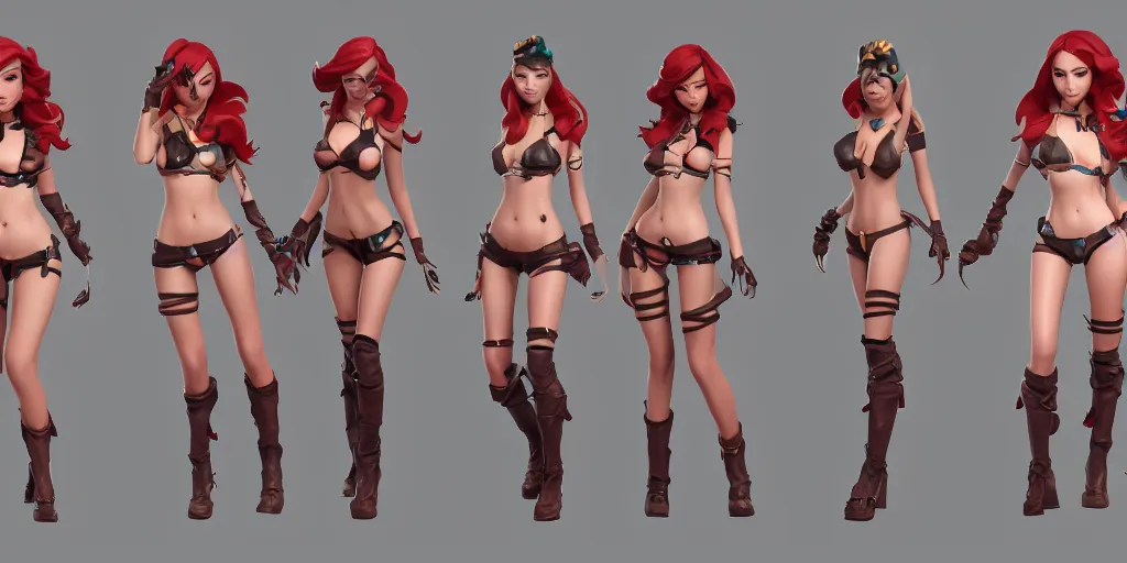 Image similar to Character sheet of pool party miss fortune (League of Legends). 3d, unreal engine 5, trending on artstation