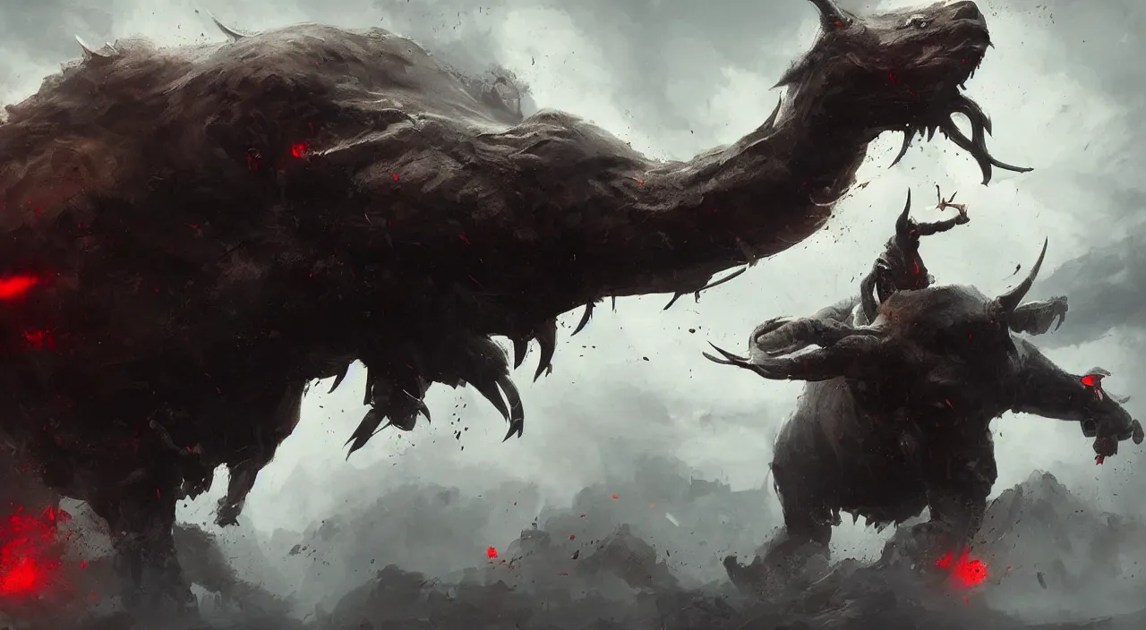 Image similar to giant angry bull with red eyes, steam breath, mysterious, epic concept art, epic painting, artstation, realistic, by greg rutkowski