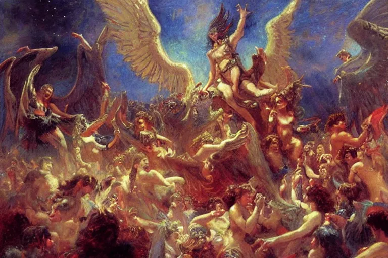 Prompt: lucifer rallying rebel angels in heaven. art by gaston bussiere.