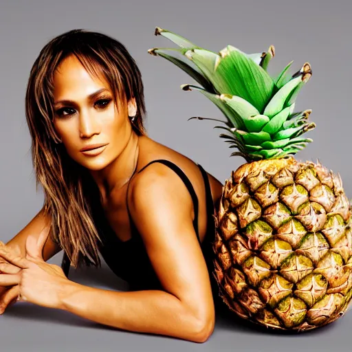 Image similar to j - lo, with two coconuts and a pineapple as a hat, professional photography, photoshop