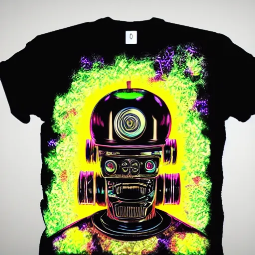 Image similar to mockup of a black tshirt with a hyperdetailed portrait of a steampunk robot on lsd, 8 k, symetrical, flourescent colors, happy trippy mood, multicolored,