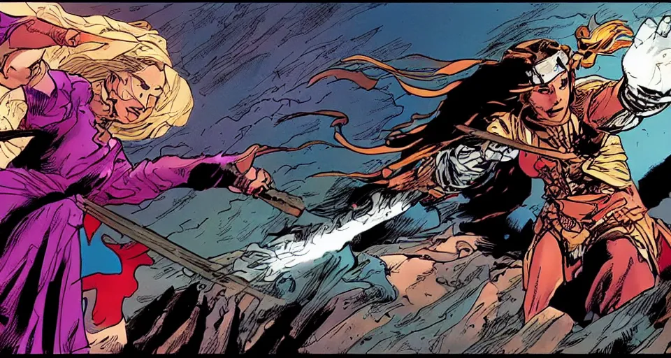 Image similar to Alicia Vikander as a mage fighting a knight a comic book panel by Frank Miller