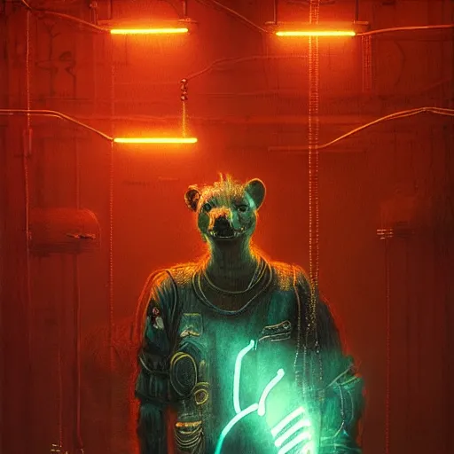 Prompt: cyberpunk dystopian cyborg hyena, wires and glowing lights, beksinski style, realism