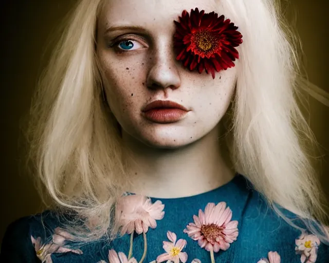 Prompt: pale young woman with bright blonde hair, freckles, blue eyes and a wide face, flowery dress, using a professional slr camera close to her face, dramatic lighting, bright flare, surreal art by anna nikonova