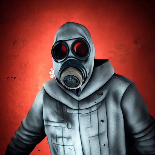 Prompt: hooden villain wearing a gas mask with red goggles, smoke coming out of his body and coat, dark background, wall with graffiti, unreal engine 5, ultra realistic, detailed, fog, studio ghibli inspired,