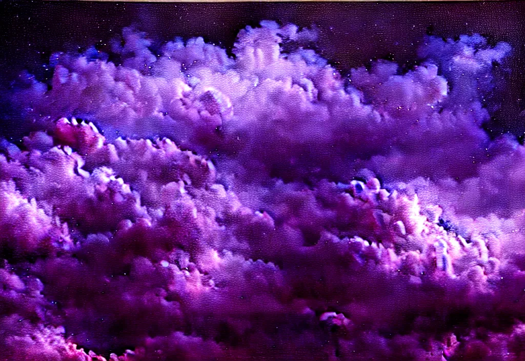 Prompt: purple color lighting storm with stormy sea close up of a pirate ship firing its cannons trippy nebula sky with dramatic clouds painting by Richard Prince Photorealism