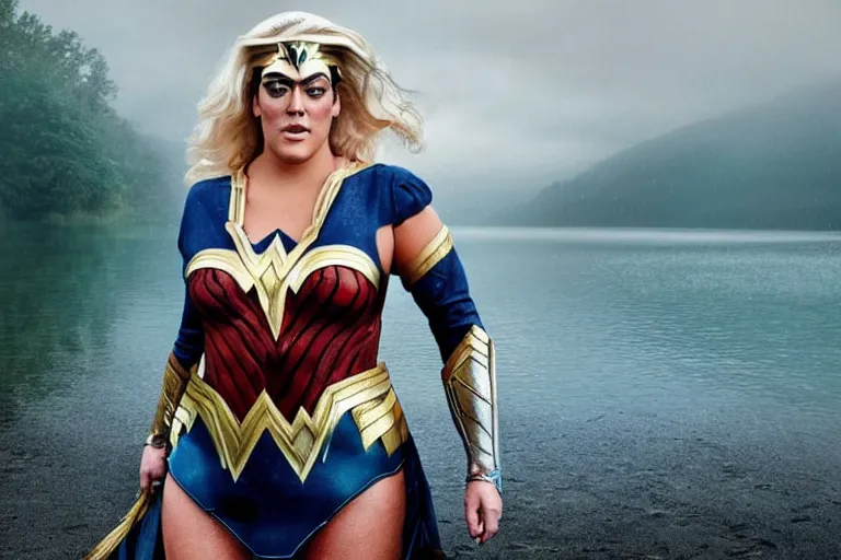 Image similar to a cinematic painting of gemma collins as wonderwoman near a lake on a rainy day, beautiful lighting, high depth, ultra realistic, artistic, by annie leibovitz