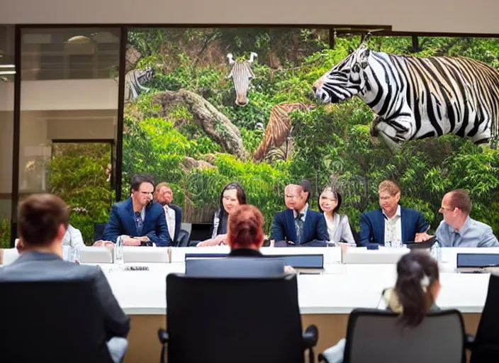 Image similar to photo of a zoo animals attending a management board meeting. Highly detailed 8k. Intricate. Sony a7r iv 55mm. Stock photo.