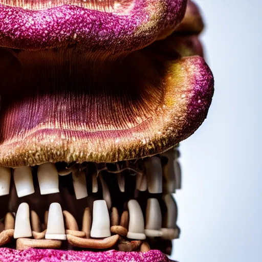 Prompt: psychedelic mushroom made from human skin and teeth on display 50mm shallow dof