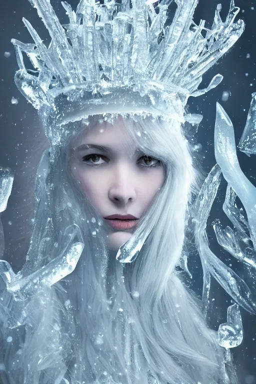 Prompt: realistic photograph of ice queen covered in ice crystals, highly detailed,