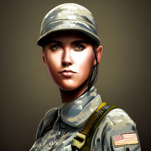 Image similar to a selfie of an upbeat female military soldier, highly detailed, digital painting, artstation, concept art, smooth, sharp focus, illustration
