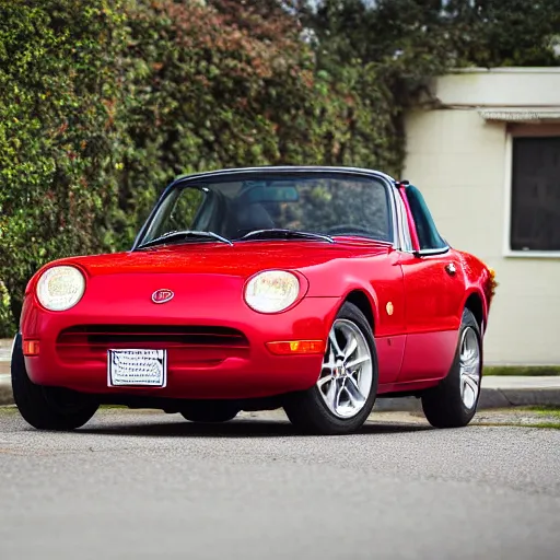 Prompt: 105mm photo of car full view mid distance photograph red Mazda Miata parked on street from 1955