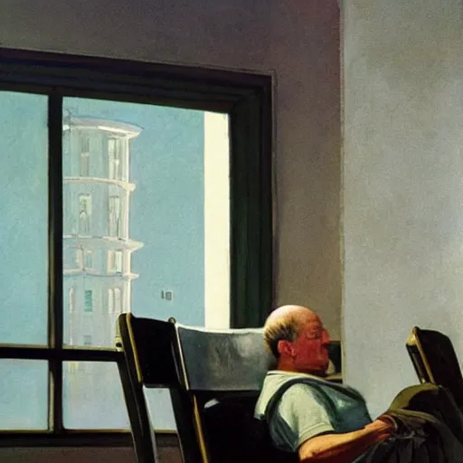 Prompt: werner herzog sits in the waiting room at the dmv, holding boltcutters. style of edward hopper, award winning, photo realistic, dynamic lighting, very detailed face, 4 k, chris ware