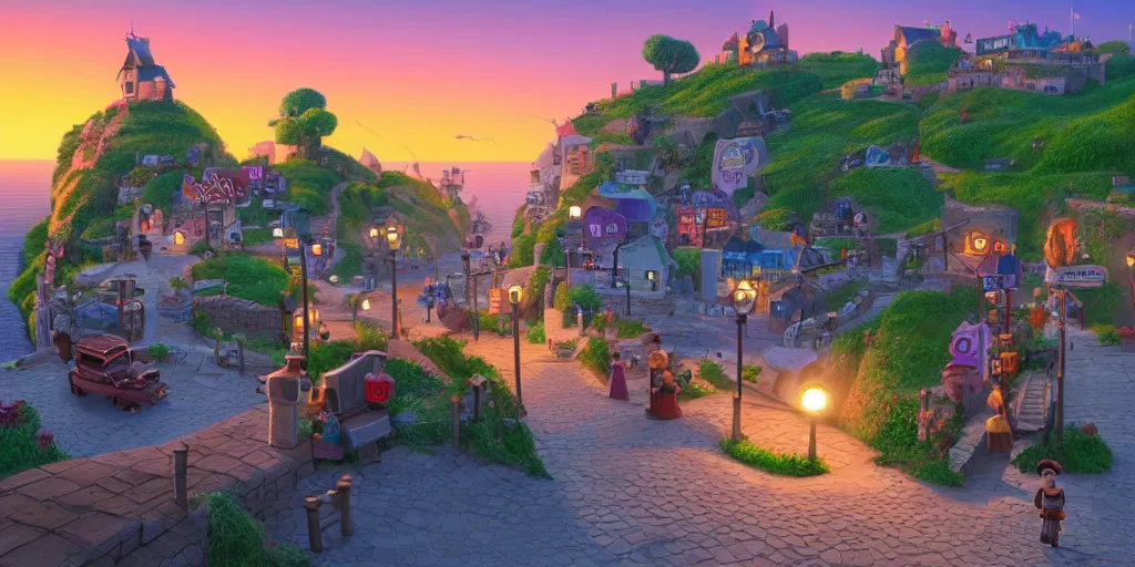 Prompt: epic professional digital art of a lonely cobblestone street with a kiosk on a cliff over the sea at sunset, highly detailed, pixar movie, in the style of toy story, trending at artstation