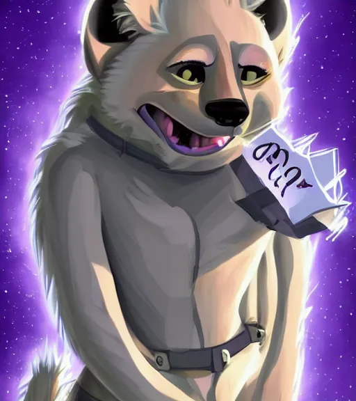 Image similar to full body digital artwork of furry female hyena, in style of zootopia, fursona, furry, furaffinity, deviantart, wearing astronaut outfit, floating in space