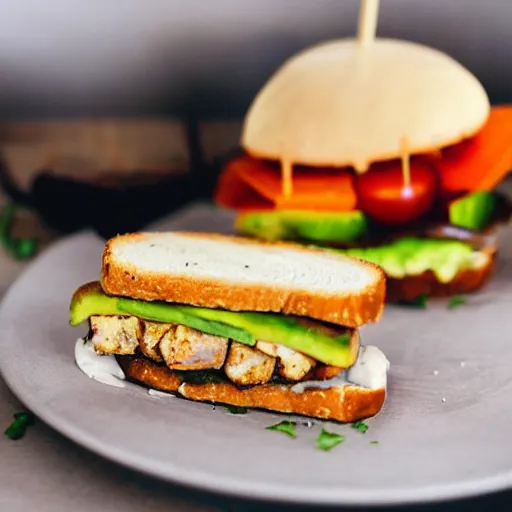 Prompt: sandwich with fried tofu, one red tomato slice, mayo, onion, avocado, melted cheddar, in a red dish, background with saturn and stars in the sky