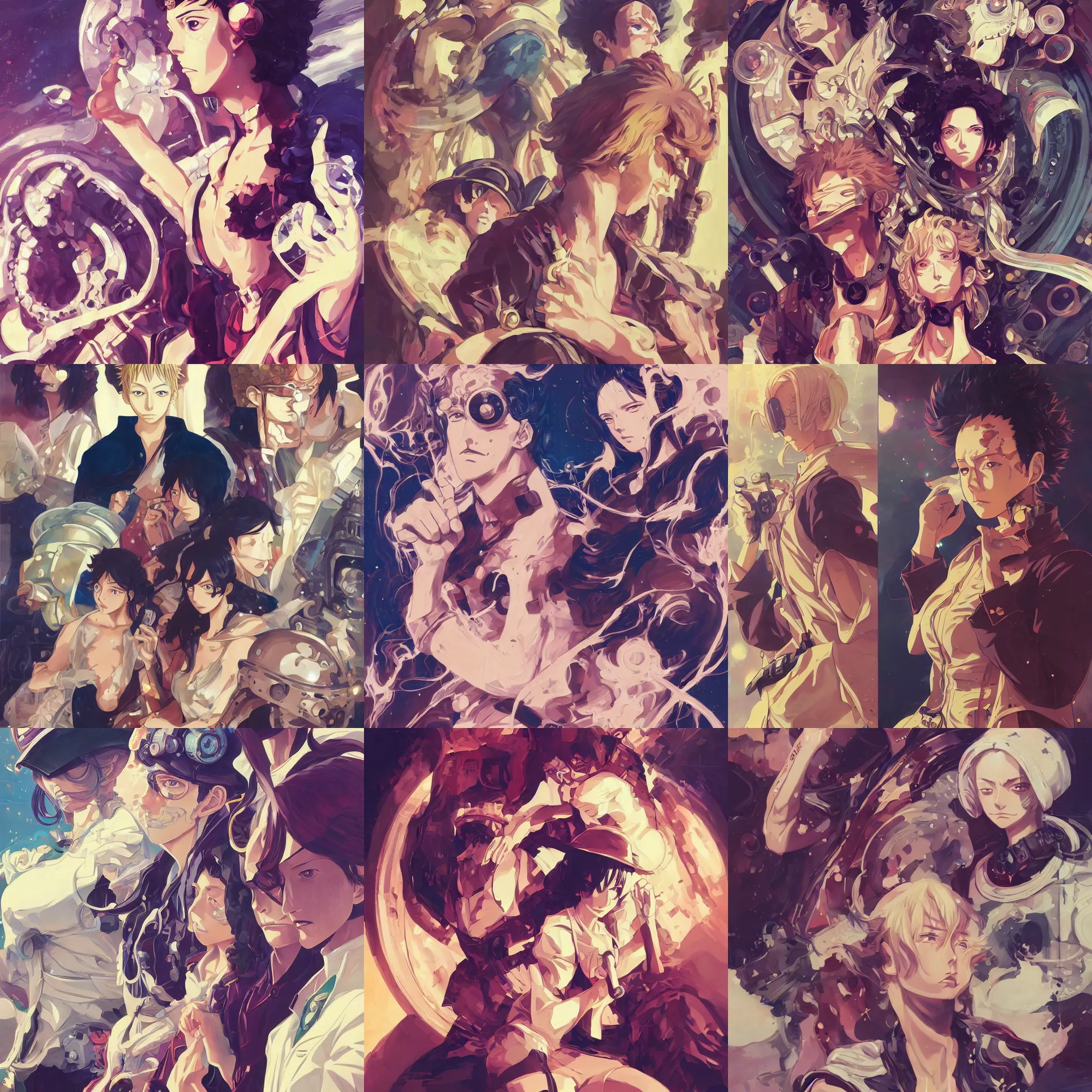 Prompt: anime portrait one piece, futuristic science fiction, mucha, hard shadows and strong rim light, art by jc leyendecker and atey ghailan and sachin teng