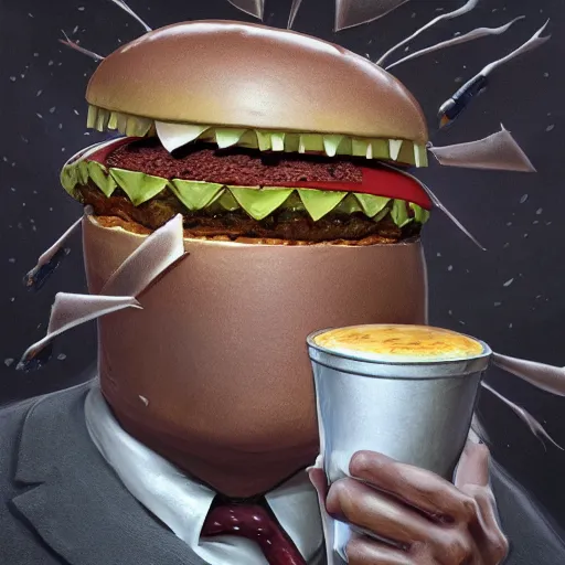 Prompt: a monster with a hamburger head on a suit, hamburger monster, burger face, burger with human eyes, burger with a mouth, very detailed eyes, character concept art, fantasy, intricate, fantasy drawing, illustration, highly detailed, hyperrealistic, cgsociety, artstation, oil painting by greg rutkowski