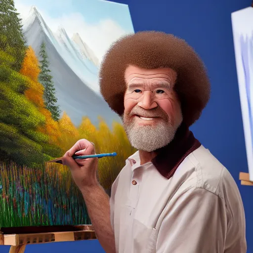 Image similar to a closeup photorealistic photograph of bob ross putting the finishing touches on a canvas painting that includes ashley schaeffer. mountains and trees. film still. brightly lit scene. this 4 k hd image is trending on artstation, featured on behance, well - rendered, extra crisp, features intricate detail, epic composition and the style of unreal engine.