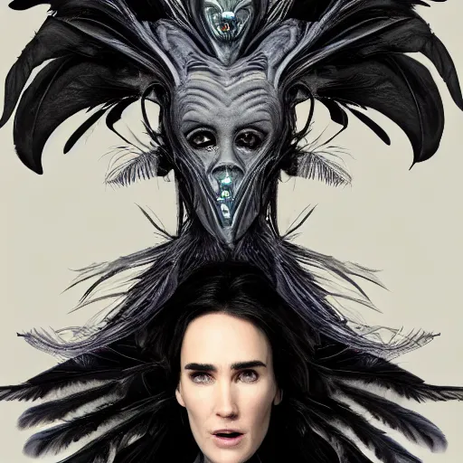 Image similar to jennifer connelly as alien bird - woman, gray skin, wearing black hooded cloak, huge wings, black feathers instead of hair, black feathers growing out of skin, bumpy skin, screaming, losing control, black feathers growing out of face, black hands with black claws, comic book, giger, mucha, trending on artstation