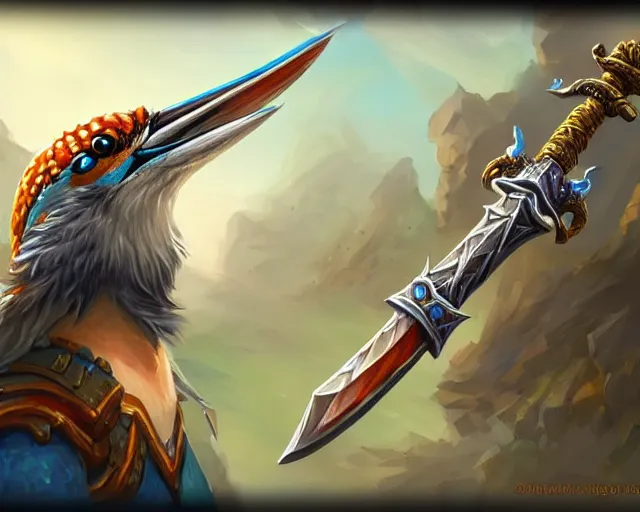 Image similar to kingfisher inspired sword, deep focus, d & d, fantasy, intricate, elegant, highly detailed, digital painting, artstation, concept art, matte, sharp focus, illustration, hearthstone,