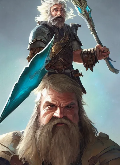 Prompt: Middle-aged paladin with a glowing teal halberd, Glowing white eyes, shaggy hair, sad, scruffy beard, dungeons and dragons portrait, highly detailed, digital painting, artstation, concept art, sharp focus, illustration, art by artgerm and greg rutkowski and alphonse mucha, Unreal Engine, 8k, HD