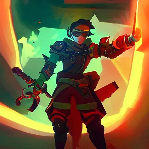 Prompt: a stylized portrait of a young boy as a warrior with a sword and revolver, overwatch style, stylized, arcane magic, orange and green power, vaporwave, volumetric light from above, background by liam wong, art by raymond swanland + marc simonetti + greg rutkowski + harumi hironaka