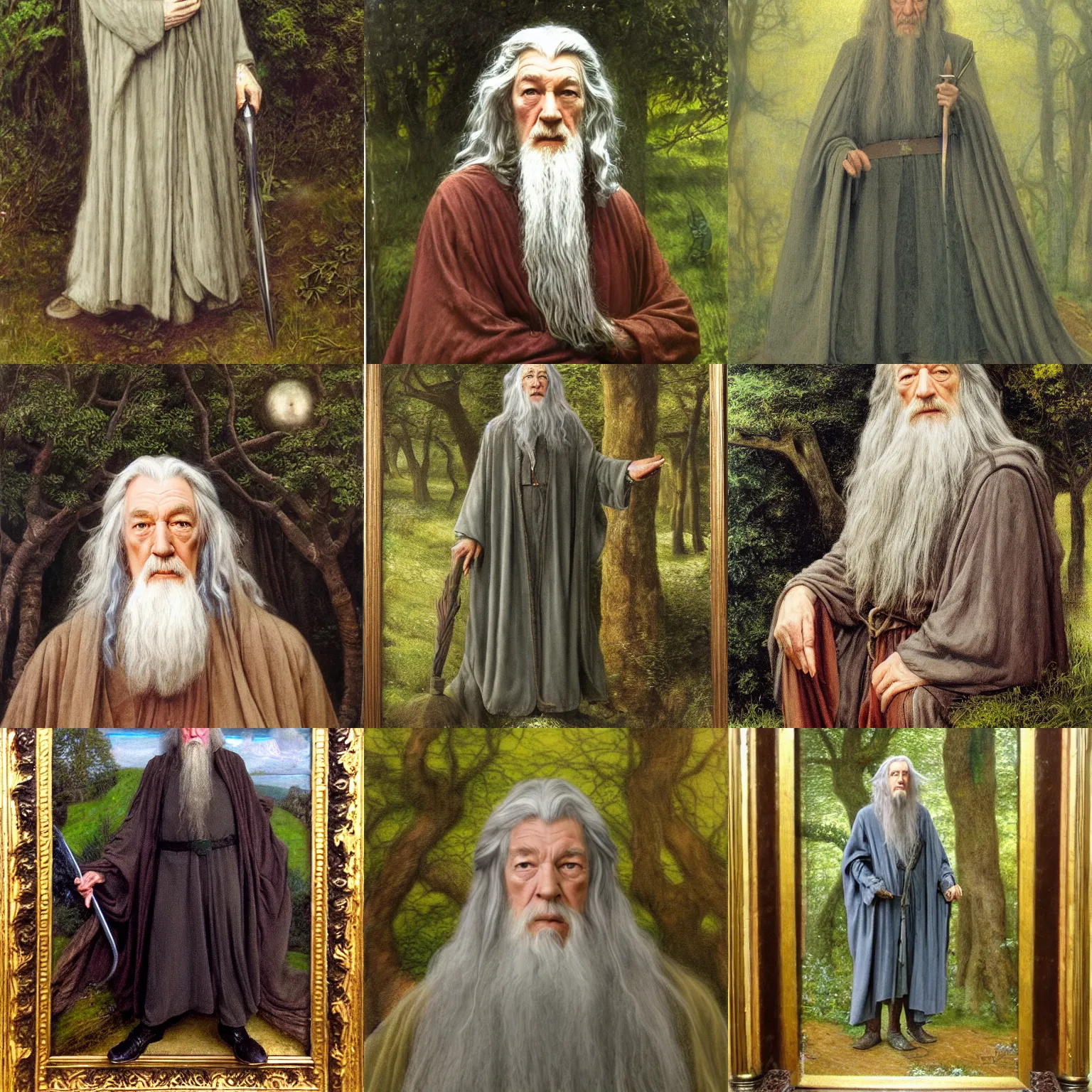 Prompt: a full length portrait of wise, quirky, Gandalf, the gray (Ian McKellen). Pre-Raphaelite oil painting, inspired by Henry Meynell Rheam: The Fairy Wood