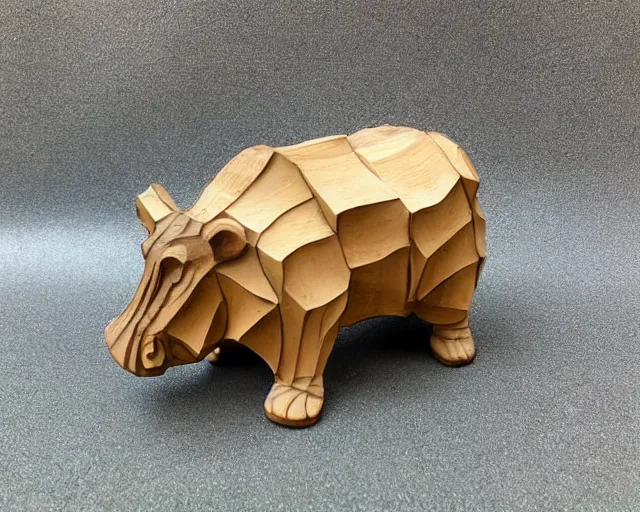 Prompt: a sculpture of hippo baby, half wood carved half resin epoxy, cubic blocks, side view centered