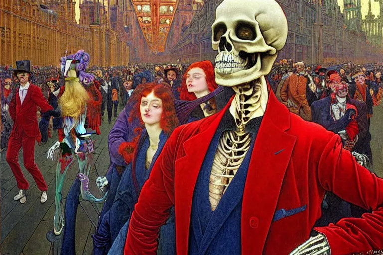 Image similar to realistic detailed portrait painting of a single skeleton wearing red velvet blazer in a crowded futuristic moscow street by Jean Delville, Amano, Yves Tanguy, Alphonse Mucha, Ernst Haeckel, Edward Robert Hughes, Roger Dean, rich moody colours, blue eyes