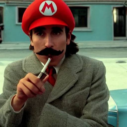 Image similar to Mario smoking a cigarette in a Wes Anderson film aesthetic!!!