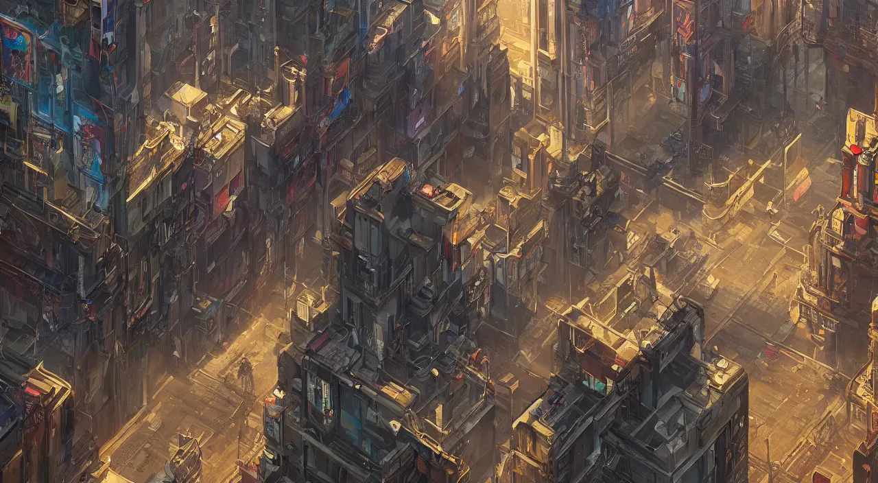 Image similar to a street level painting looking down with high detail, sci - fi colorful victorian megacity at golden hour with sharp shadows by tyler edlin and sparth, 4 k, vray, art nouveau influences. roger deakins, cinematic cinematography.