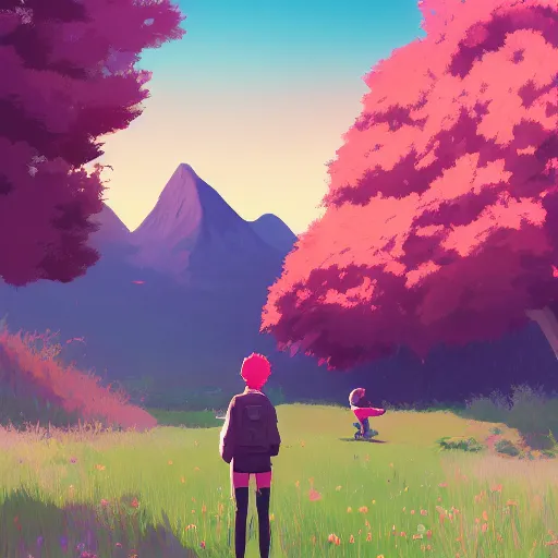 Image similar to two teen boys, pink haired, red haired, flower fields and mountains in the background, digital painting, artstation, highly detailed, by makoto shinkai and thomas kindle and James gilleard