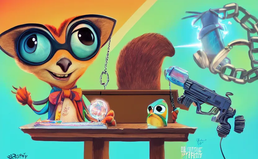 Image similar to “ one cute parrot with very big eyes, wearing a bandana and chain, holding a laser gun, standing on a desk, digital art, award winning, in the style of the movie zootopia ”