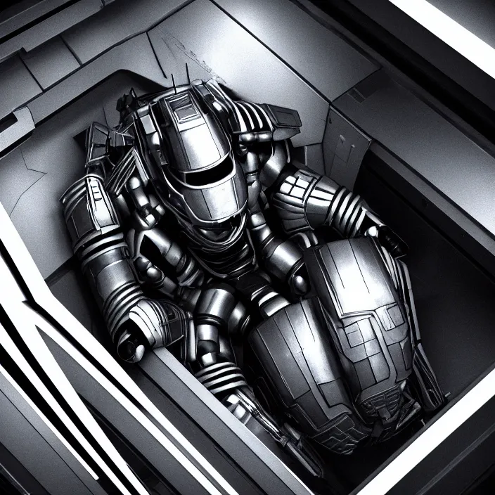 Image similar to a top down shot of a character in an spaceship by nihei tsutomu, front facing the camera, dramatic black and white, modern clean reflective black armor, highly detailed, 3 d render, vray, octane, realistic lighting