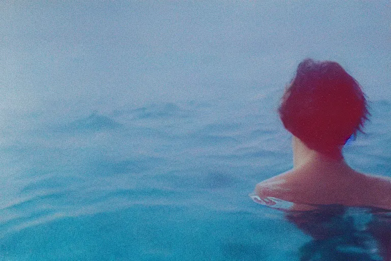 Prompt: colored film photography, tumblr aesthetic, close-up from behind woman swimming in ocean at night, blue light