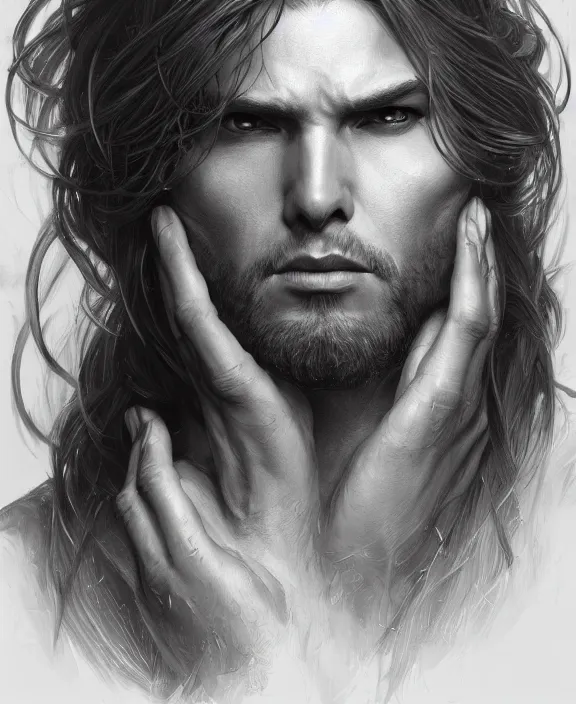 Image similar to portrait close up of guy, concentrated look, symmetry, long hair. d & d, fantasy, intricate, elegant, highly detailed, digital painting, artstation, concept art, art by artgerm and greg rutkowski and alphonse mucha, boris vallejo