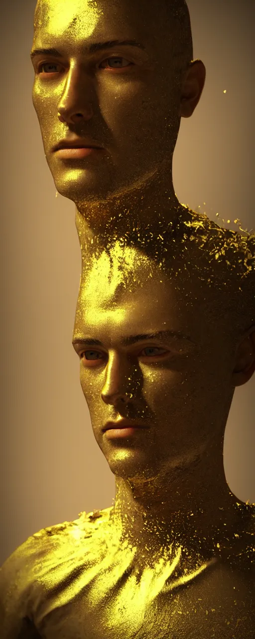 Image similar to Portrait of alessiogarcai with gold fluid in the background, volumetric colorful lighting, 3D render by Pete Morbacher and Emil Melmoth, Unreal Engine,