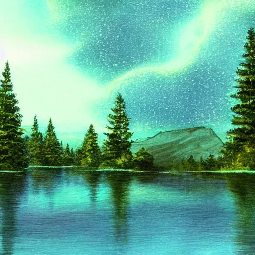 Image similar to lake, trees, night, glowworms, concept art,