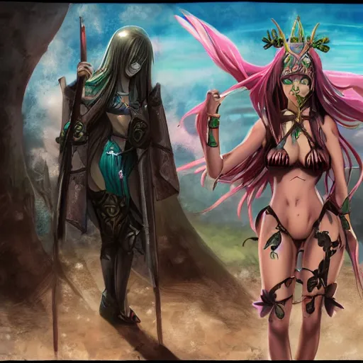 Prompt: pretty anime girl in bikini in sad byzantine mask, concept art, grim dark fantasy stand infront of poor christian farmer.