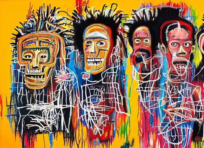 Prompt: jean-michel basquiat, david choe and alex gray painting, intricately highly detailed art piece