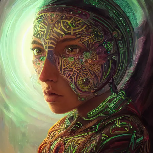 Image similar to portrait of a future metaverse ayahuasca tech shaman warrior, 2 d cartoon, visionary art, symmetric, magick symbols, holy halo, shipibo patterns, sci - fi, concept art, trending on art station, 8 k digital art, by mandy jurgens, fantasy portrait art, anime