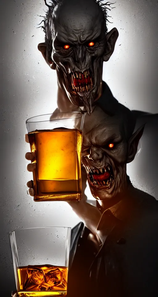 Prompt: a high quality photorealistic photography face centred portrait 3 d render of an evil vampire holding a glass of whisky, thanatos, horror, swamp fog mist, horror, 4 k resolution, cg society, corona render, hyperdetailed, concept art, devils and demons, bats and spiders