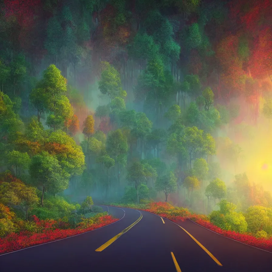 Image similar to surreal semiabstract artwork of a highway road leading to the horizon through a thick forest down a rocky mountain coast towards the sunset. atmospheric good vibes. colorful psychedelic, ultra realistic, concept art, modern art, photorealistic, octane render, 8 k, unreal engine. art by nori inoguchi and sam kaplan and zachary goulko and christopher marley