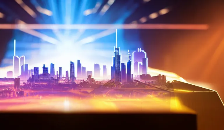 Image similar to group of people in walled warehouse, looking at hologram of futuristic city on a table, cinematic concept, godrays, golden hour, natural sunlight, 4 k, clear details, tabletop model buildings, center model buildings, hologram center, crane shot, crane shot, crane shot